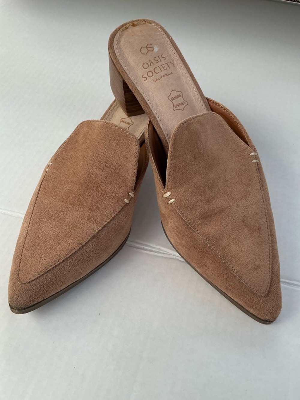 Oasis Society California Women’s Tan Suede Mules Leather Block Heel-Size 8-GUC - Picture 1 of 11